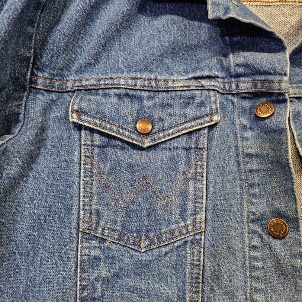 Vintage 70s Wrangler No Fault Denim Trucker Jacket USA Western Blue Mens 42 44 - Picture 3 of 12